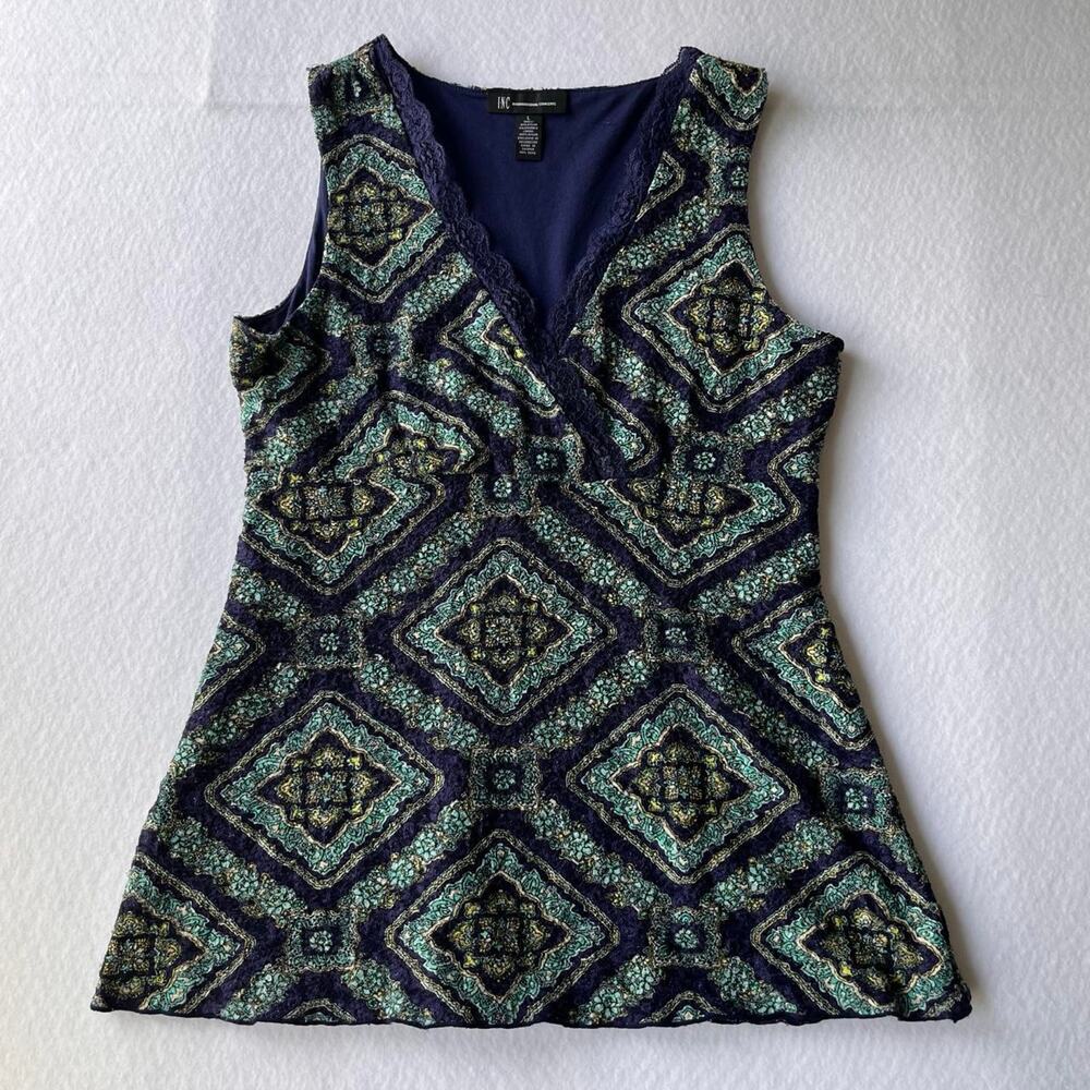 INC Y2K Boho Lace Trim Medallion Print Top